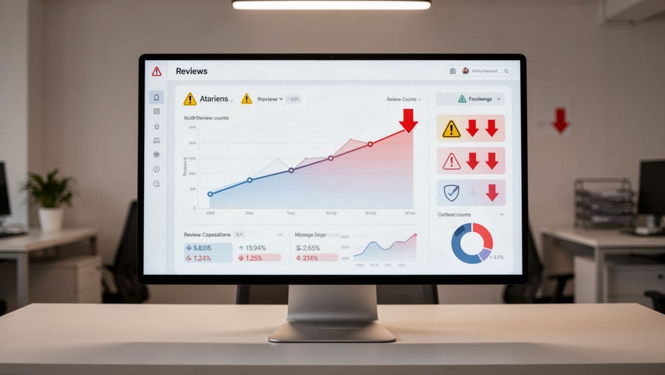 Computer screen dashboard displays dropping review graph, policy violation warnings, red downward arrows, and orange 'Impact Alert' headline band.