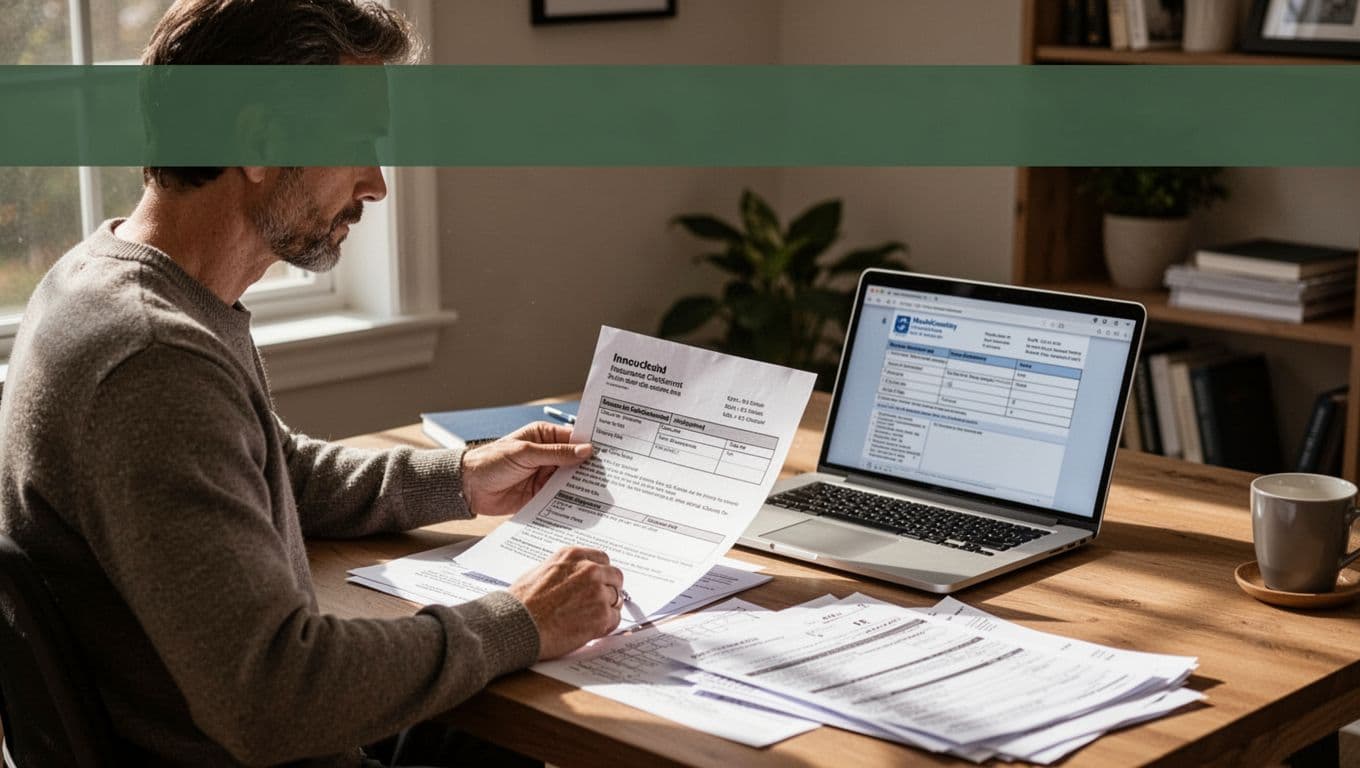 A person in a home office thoughtfully reviews insurance claim documents and medical records on an open laptop, illuminated by soft window light in a realistic style. Branded editorial design features a bold 'At-Fault Claims' headline on a dark-green band at the top.