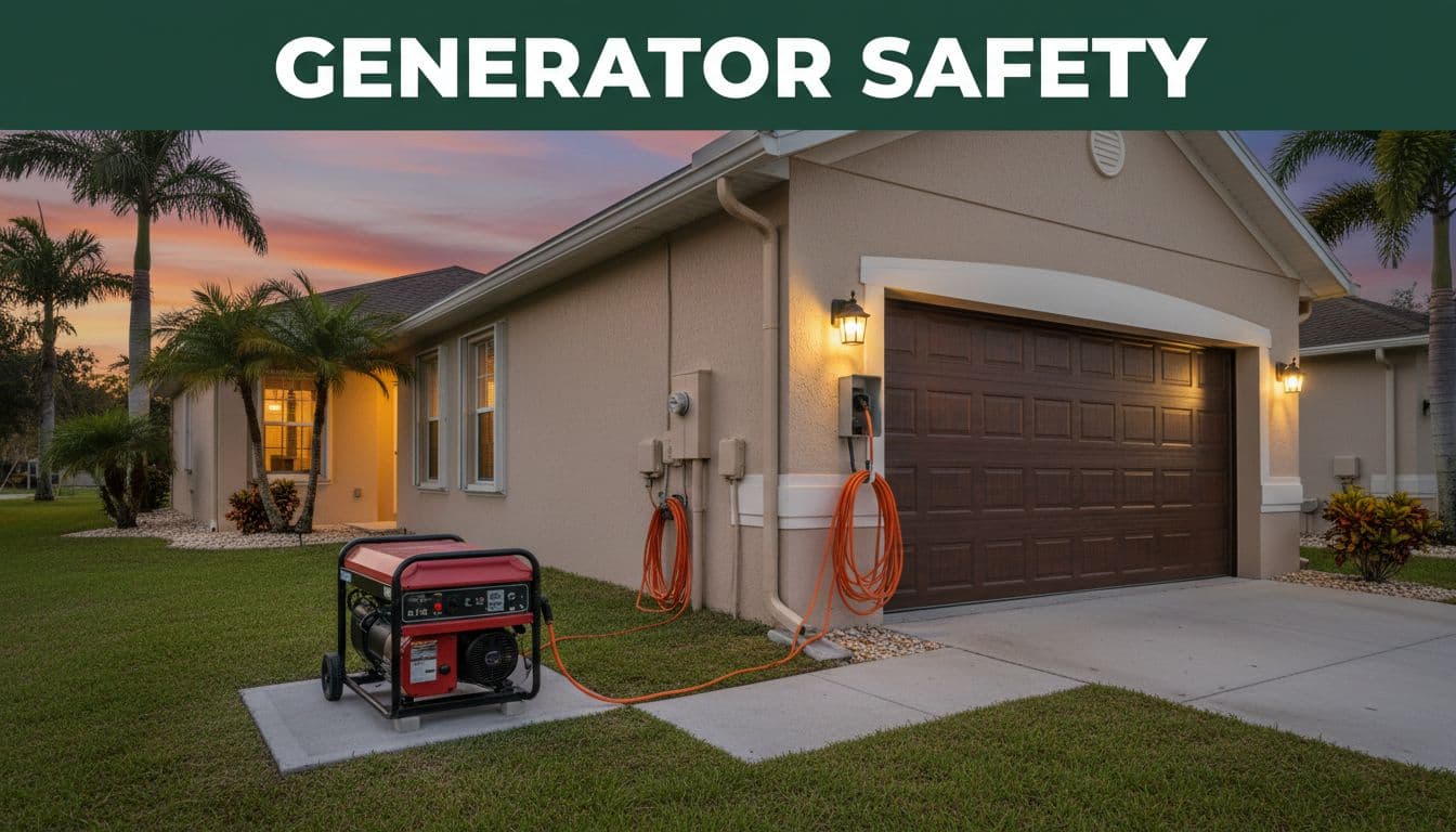 Wide dusk shot of a portable generator safely positioned outside a Cape Coral garage, away from the home with exhaust directed outward and cords organized, featuring a bold 'Generator Safety' headline on a dark-green band.