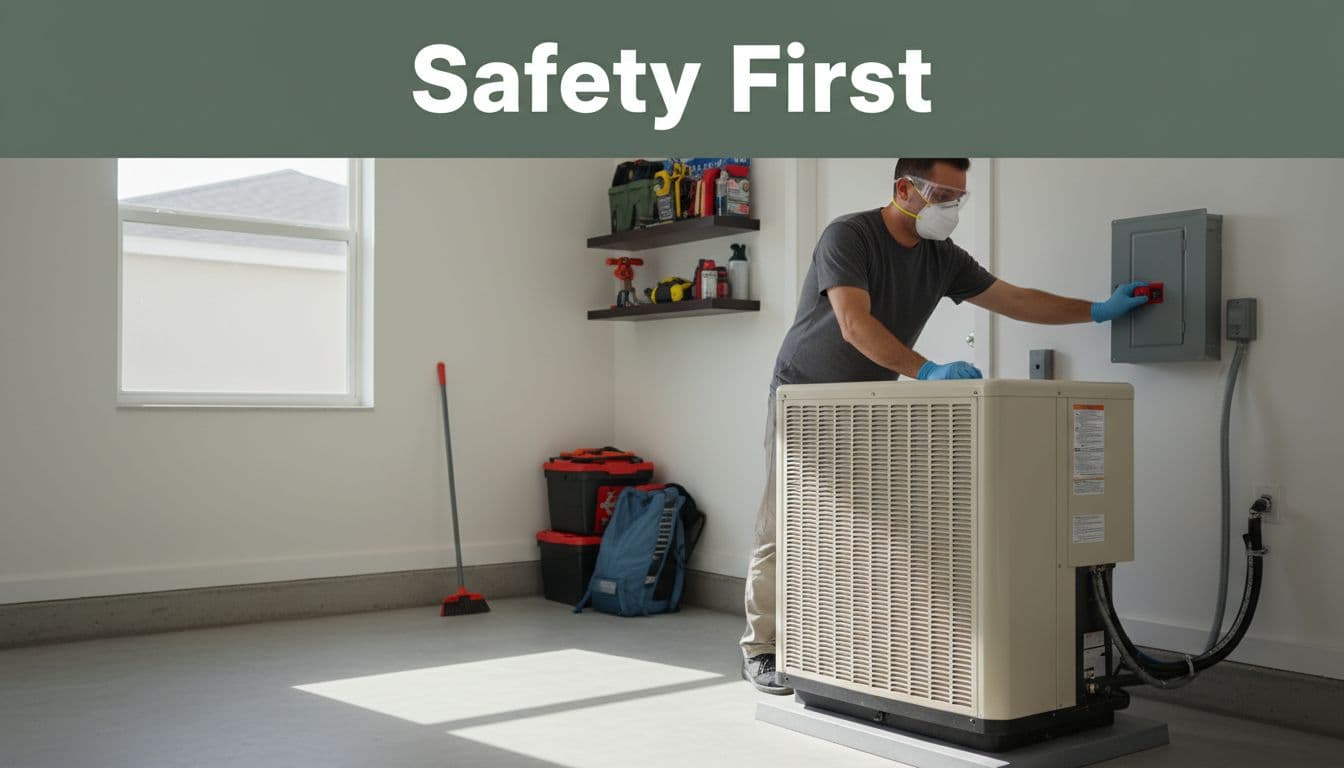 Cape Coral homeowner in protective gloves, goggles, and N95 mask reaches to flip the AC unit breaker switch off in a sunny garage. Bold 'Safety First' band across the top emphasizes immediate safety before cleanup.