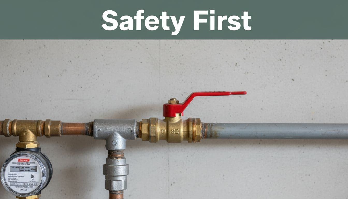 Close-up photorealistic view of a residential main water shutoff valve in a garage, lever handle perpendicular in off position against a clean concrete wall. Bold 'Safety First' headline in muted dark-green band across the top 20%.