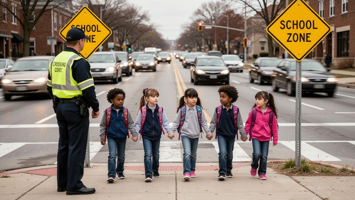 Five elementary school children holding hands cross a busy street in a school zone with a crossing guard, slow-moving cars in the background, and a school zone sign, under overcast daytime lighting. Bold headline 'Zone Risks' in a muted dark-green band at the top in clean sans-serif typography.