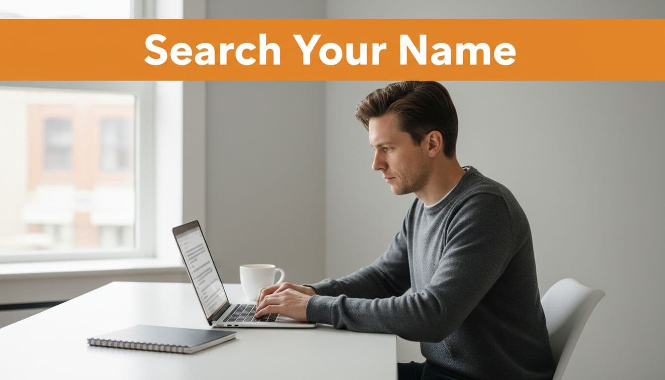 Professional at modern home office desk types on laptop with blurred Google search screen, focused gaze, orange top banner reads 'Search Your Name'.