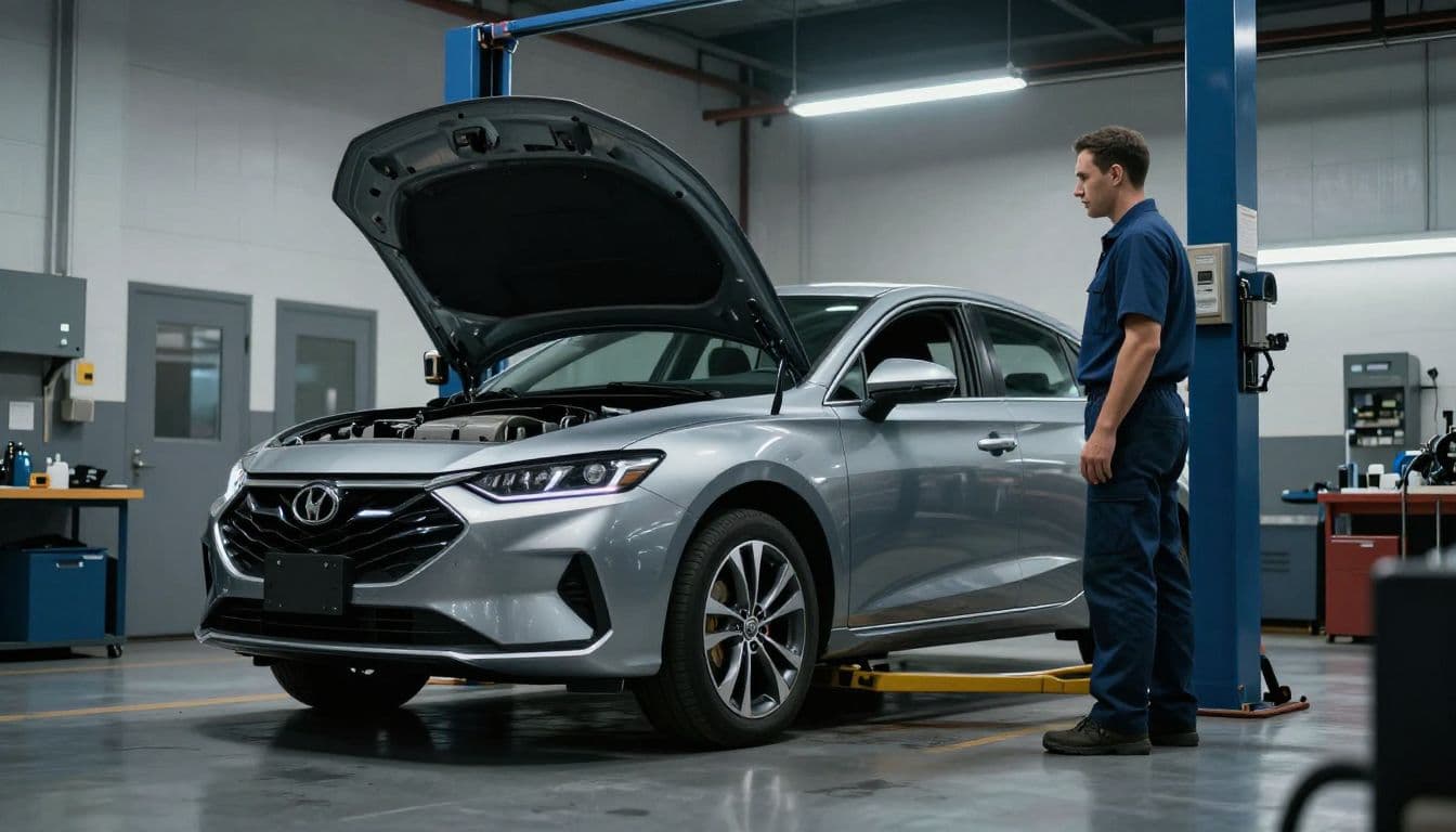 A mechanic stands beside a modern sedan during an inspection in a repair garage.