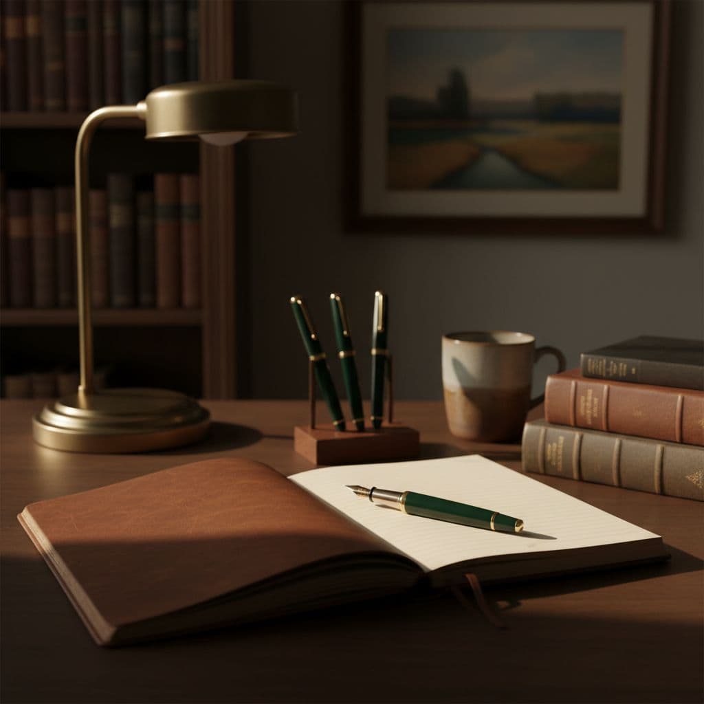An open leather-bound notebook and a fountain pen rest on a dark desk under soft warm light.