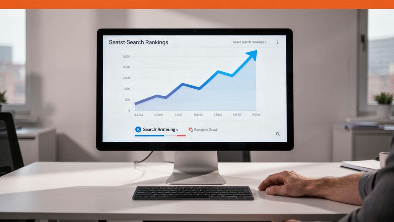 Desk screen shows dashboard with charts of positive rankings climbing over podcast, orange banner reads 'Monitor Progress', hands rest nearby.