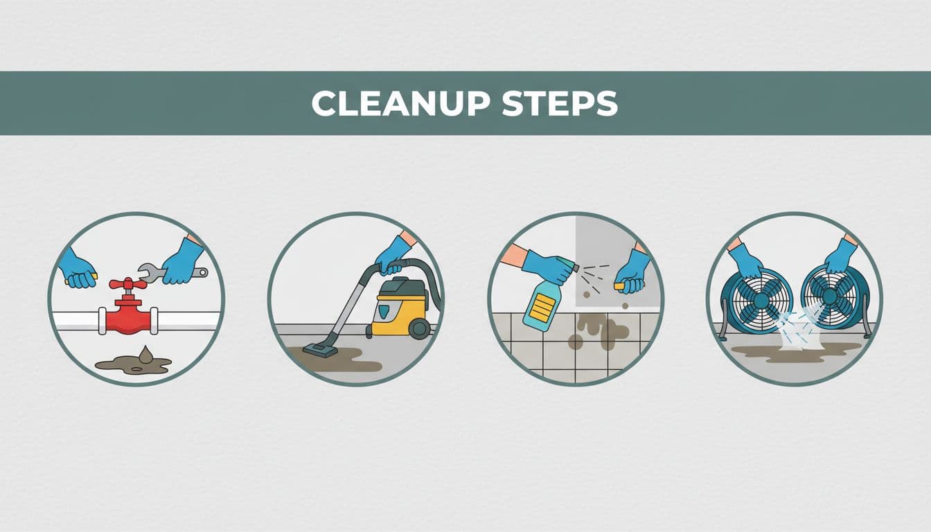 Infographic-style icons in a home setting illustrating the sewage cleanup process sequentially from left to right: gloved hands shutting off water valve, extracting water with wet vac, disinfecting surfaces, and drying with fans. Features a bold 'Cleanup Steps' headline on a muted dark-green band at the top with bright, clean lighting and high contrast.