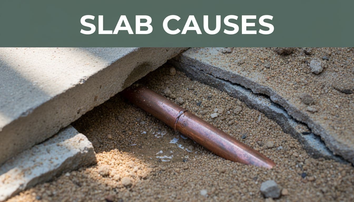 Close-up angled view of a cracked copper water pipe leaking slowly under a concrete slab in sandy Southwest Florida soil, with subtle water pooling and high-resolution textures on concrete cracks and sand grains.