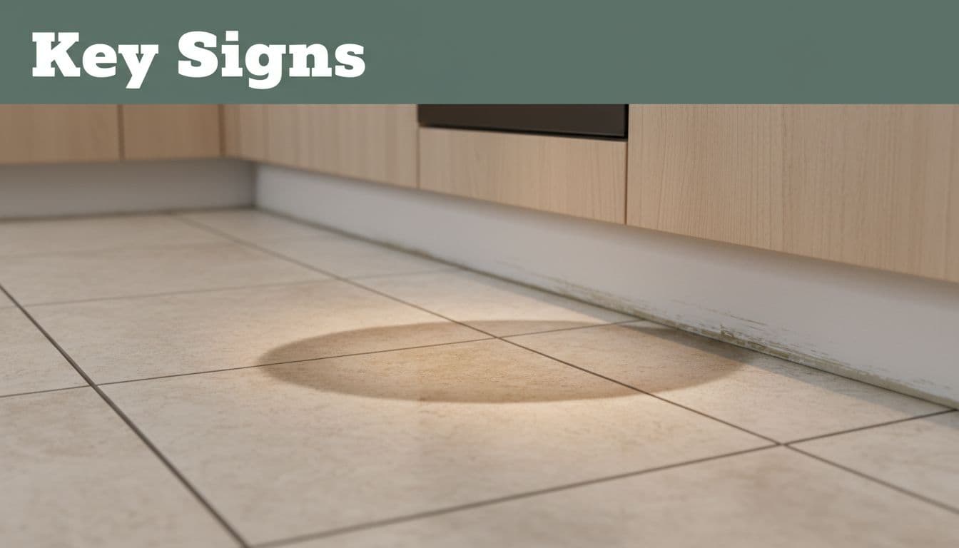 Close-up view of a subtle warm damp spot on a tiled kitchen floor near the baseboard, showing moisture sheen and grout discoloration indicating a hot water slab leak, with blurred cabinets in soft background lighting. Bold 'Key Signs' headline in Title Case on a muted dark-green band across the top.