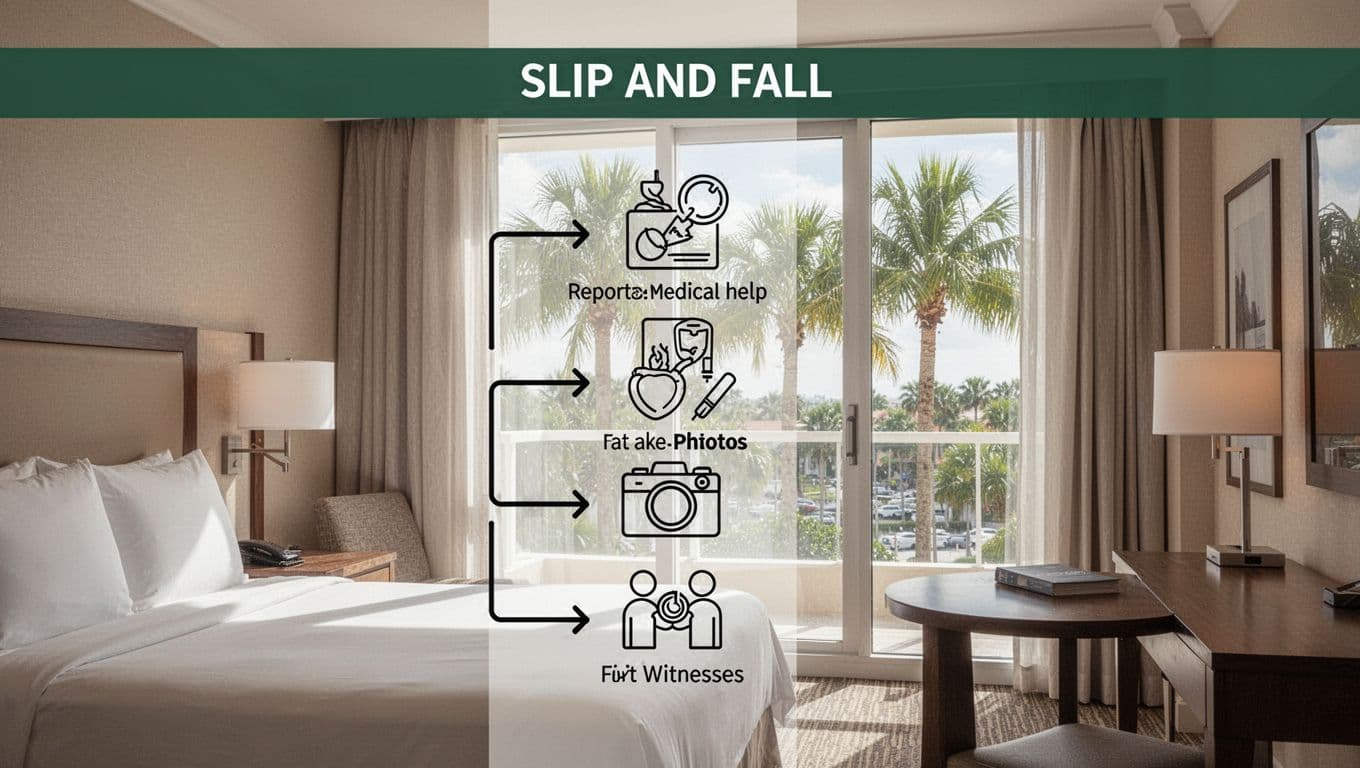 Timeline infographic illustrating immediate actions after a slip and fall: report incident, seek medical help, take photos, gather witnesses, set in a clean South Florida hotel room with palm trees, soft daylight, simple icons and arrows, bold 'FIRST STEPS' headline.
