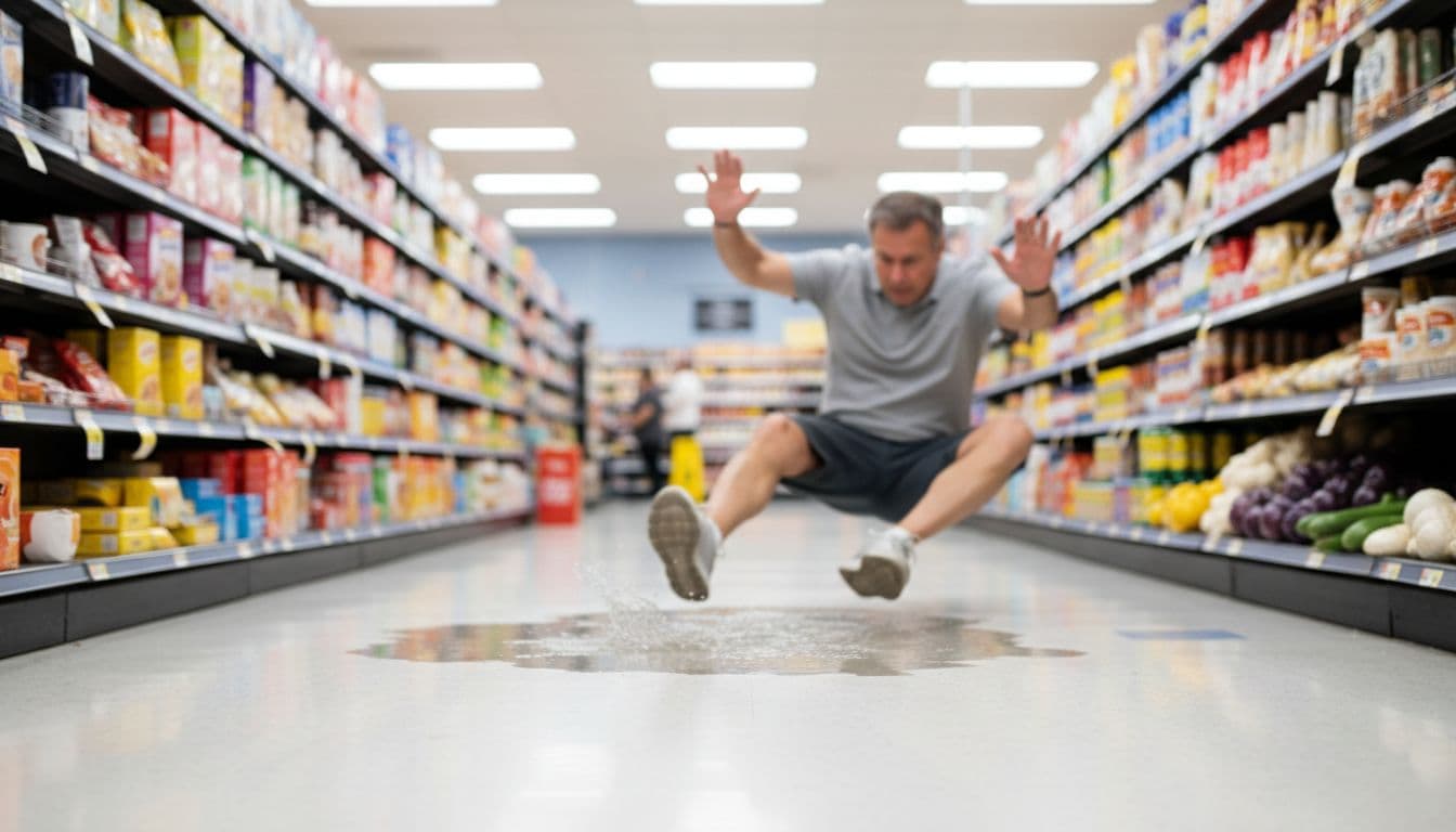 Realistic scene of a middle-aged person mid-fall on a wet floor from spilled liquid in a busy South Florida grocery store aisle, missing caution sign, with blurred shelves and bright fluorescent lighting.