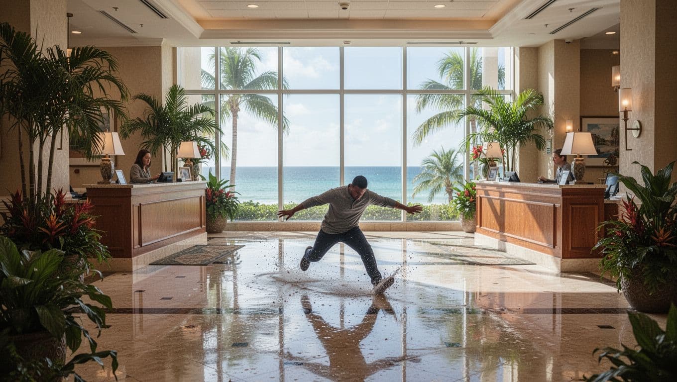 A person slipping on a wet hotel lobby floor near the front desk, surrounded by tropical plants and ocean view windows in a South Florida hotel setting. Bold branded headline 'SLIP HAZARDS' in a dark-green band at the top, realistic photo style with natural daylight.