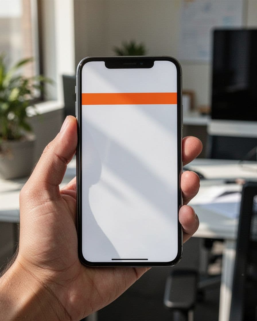 A smartphone screen displaying a simple SMS review request message in a clean interface, held by one hand in a casual office setting with soft natural light.