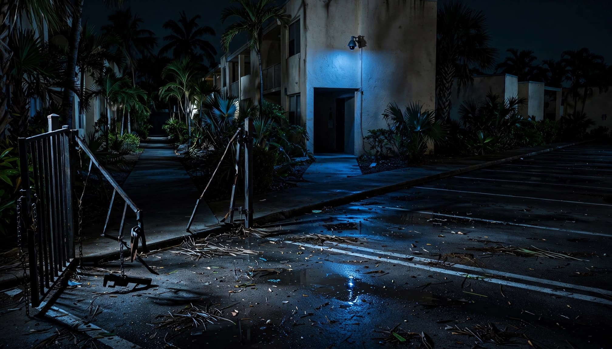 Empty apartment parking spaces lead to a dark entrance near a broken gate and security camera.
