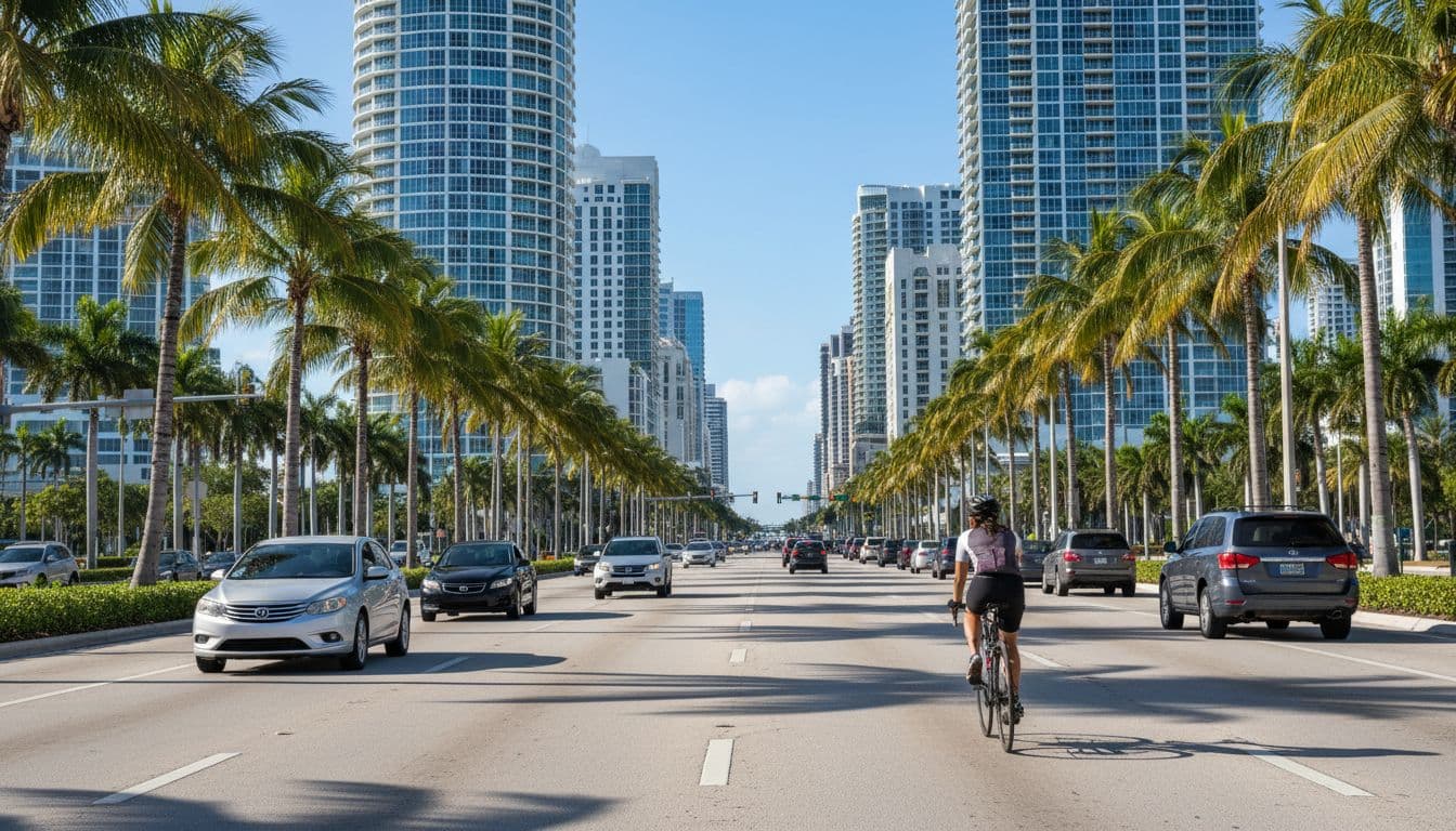 A helmeted cyclist carefully navigates a busy South Florida urban road lined with palm trees and high-rise buildings amid daytime traffic, with cars passing safely at a distance under bright natural sunlight.