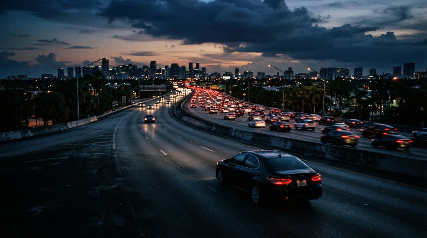 A car drives along a shadowed Florida highway at dusk with glowing red taillights.