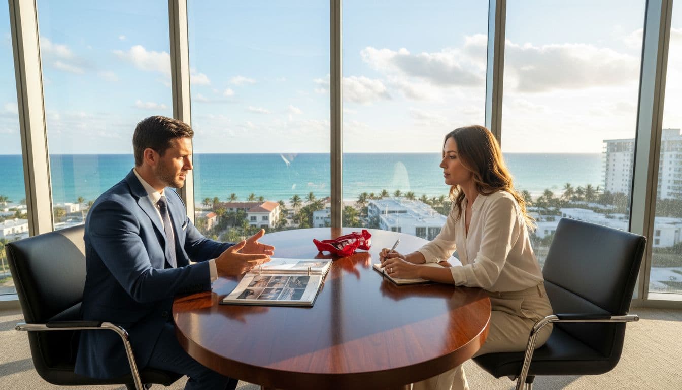 A professional lawyer reviews scooter accident documents with a client across the desk in a modern office, featuring a scenic South Florida ocean view through the window, soft lighting, and relaxed discussion.