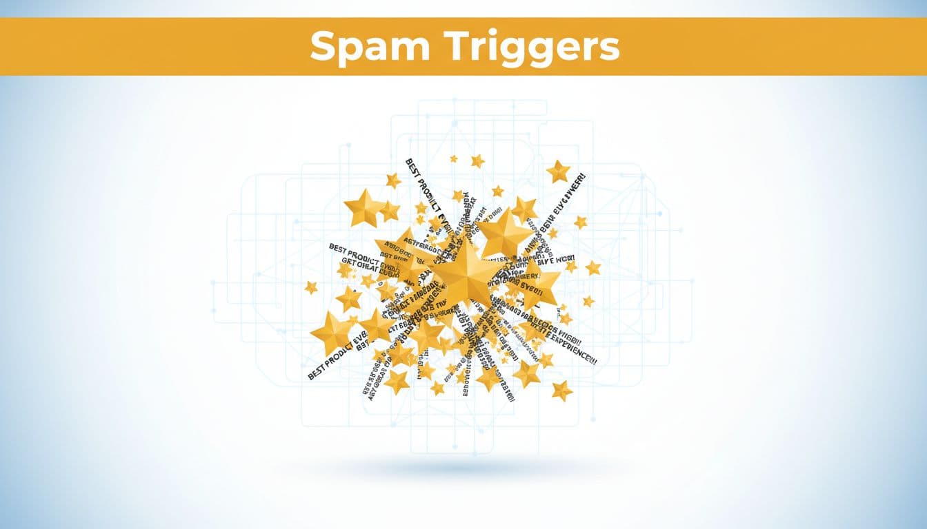 Cluster of five-star icons and repetitive text snippets float over subtle grid on white background, topped by orange Spam Triggers headline.