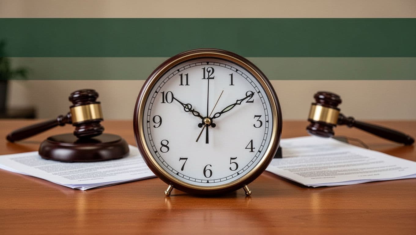 Realistic wall clock with hands paused midway centered on an office table, subtle blurred legal documents and gavel in background, warm even indoor lighting, no people or extra items. Bold 'Claim Exceptions' headline in Title Case geometric sans-serif font on muted dark-green band occupying top 15-20% of image height, high contrast, full edge-to-edge, clear focal clock below with no other text, logos, or decorations.