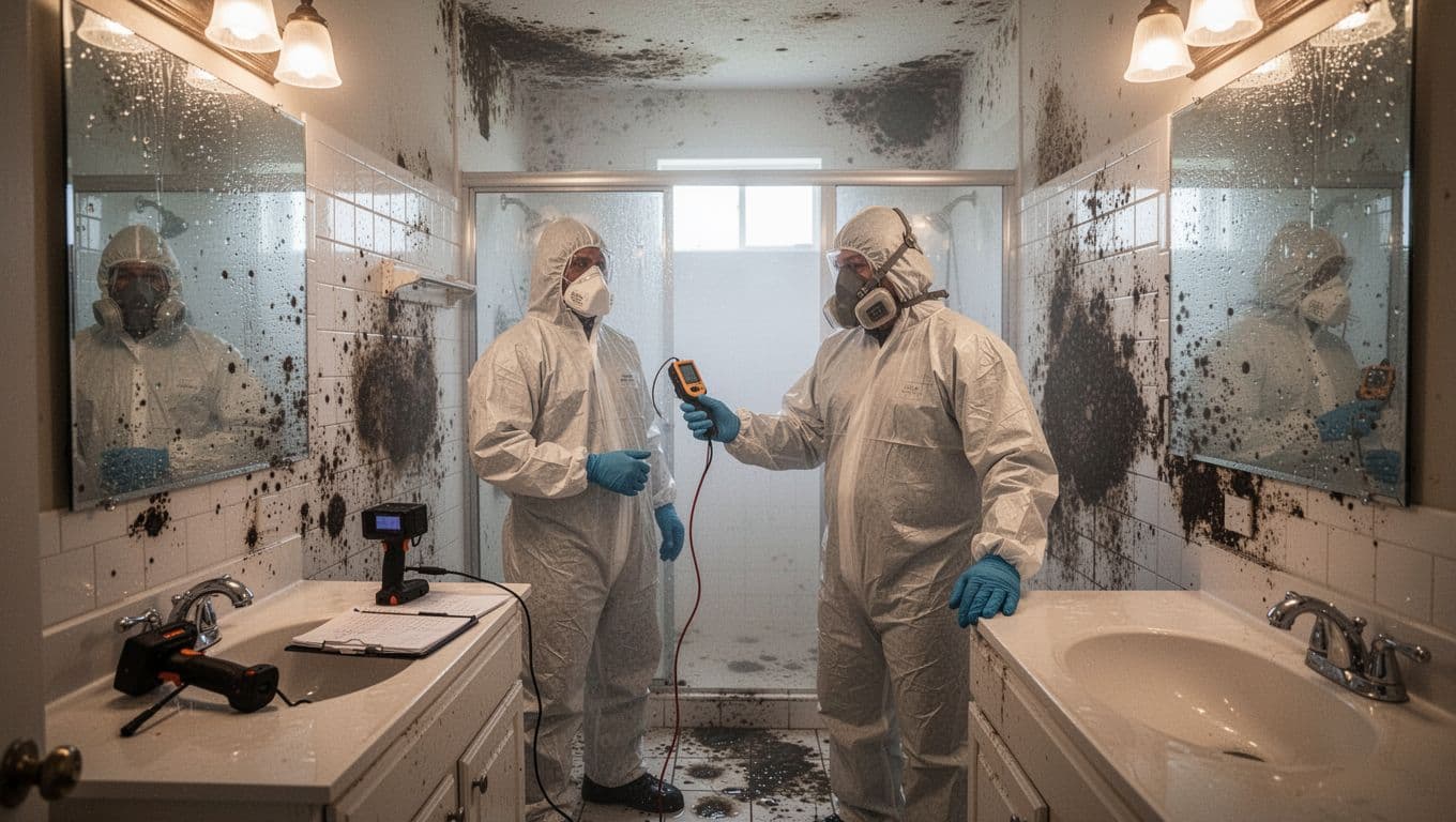 Landscape view of a steamy, humid Florida home bathroom during an emergency mold inspection, featuring black mold on white tiled shower walls, grout, and ceiling, with a single professional inspector in white Tyvek suit holding a moisture meter probe.