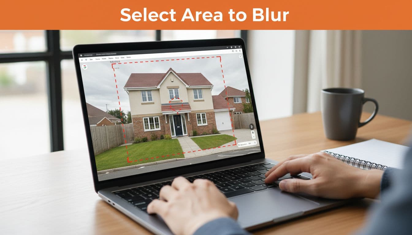 Laptop screen shows Street View house in red outline under orange 'Select Area to Blur' banner, hands on keyboard, desk with notebook and mug.