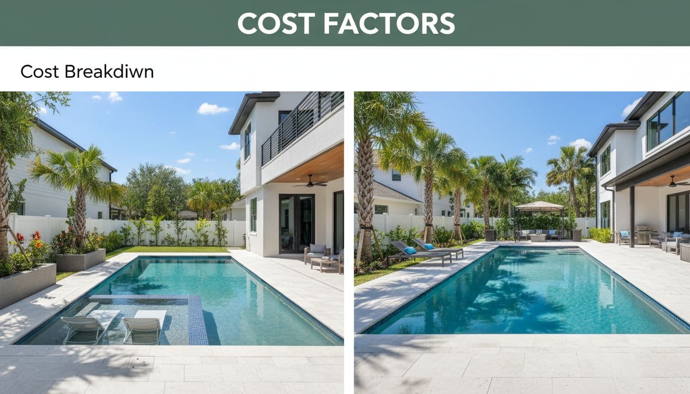 Side-by-side modern pools in Tampa yards: compact sun shelf left in small space, standard right in larger yard, sunny day with dark-green 'Cost Factors' header band.