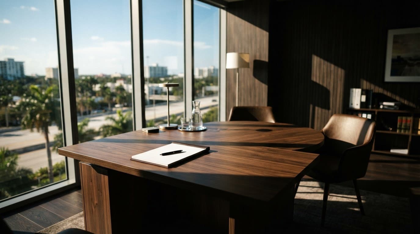 Sunlit law office with a wooden desk and legal notepad.