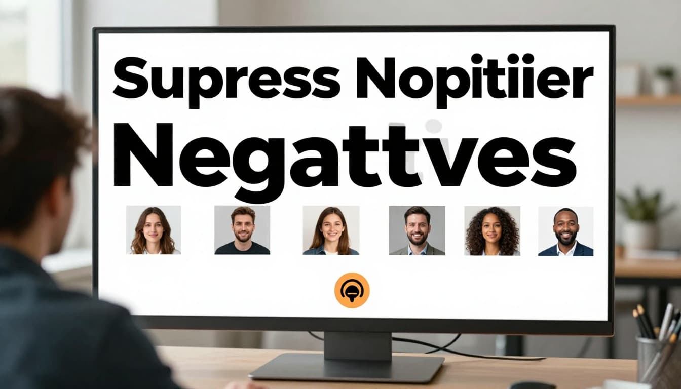 Laptop screen shows positive websites outranking a negative podcast icon at bottom, viewed from behind by one person in modern office with daylight.