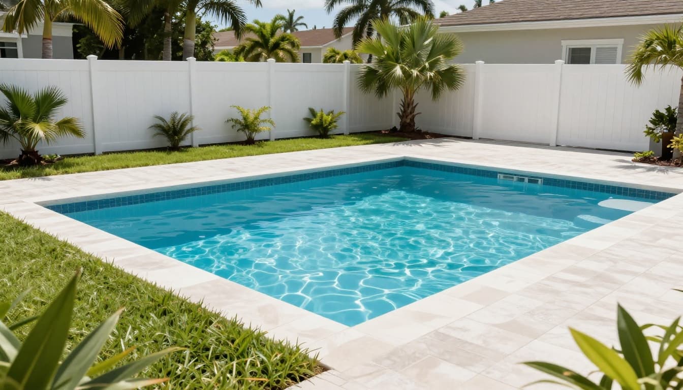 Aerial photorealistic view of a modern inground swimming pool in a sunny Tampa, Florida backyard, showcasing clear compliant setback spaces from the house wall, side fences, and rear fence amid lush grass and palm trees.