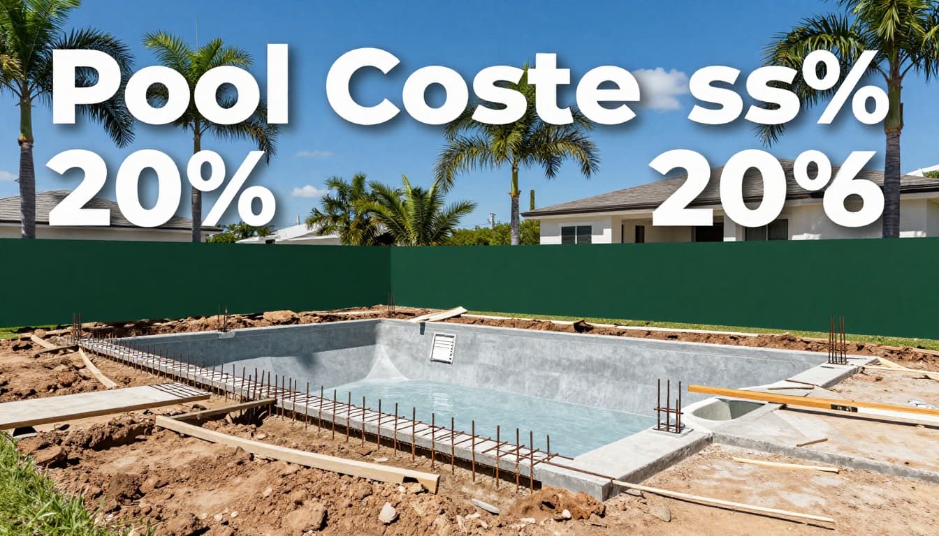 Sunny Tampa backyard with half-built inground pool showing rebar framework and concrete forms, palm trees, modern home, blue sky, and top green 'Pool Costs' banner.