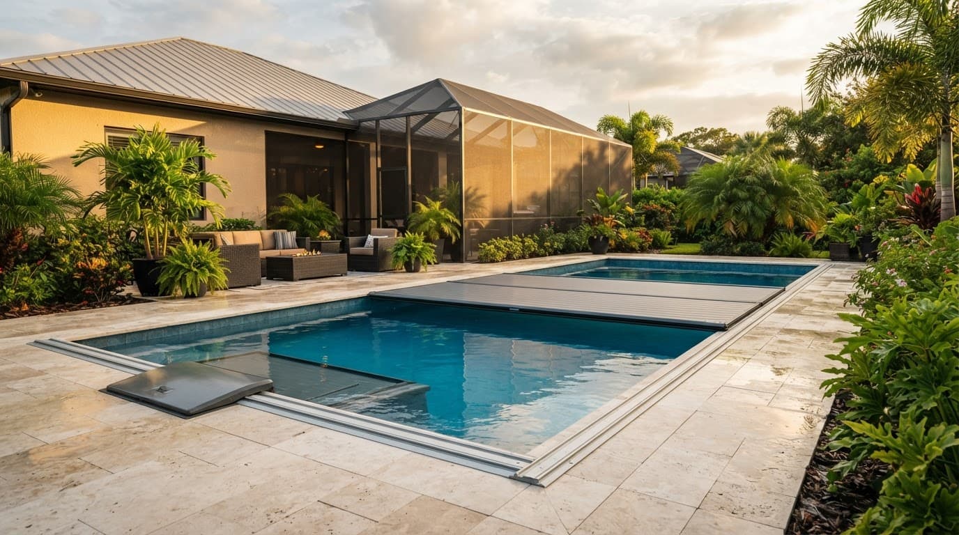 Partially closed pool cover beside a screened lanai and tropical landscaping.