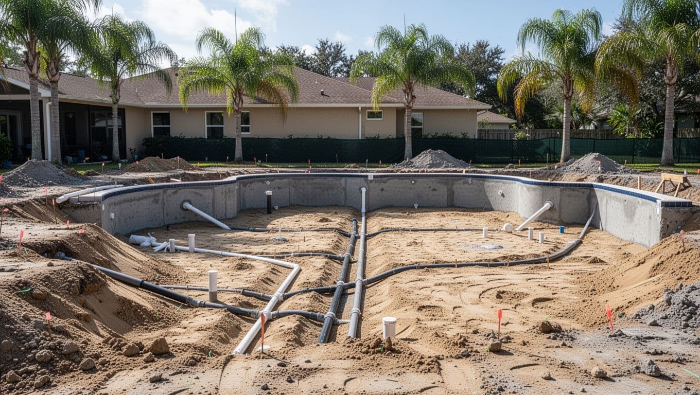 Sandy soil excavated in Tampa backyard for inground pool with visible drainage pipes, French drains, and reinforced shell; palm trees and stucco house in background.