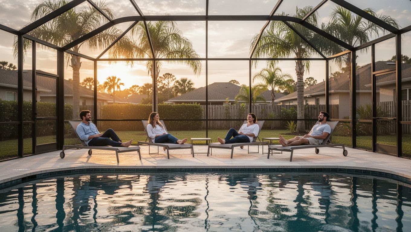 Four distant people relax by inground pool in Tampa suburban backyard at sunset with palm trees, lounge chairs, screen enclosure, and top dark-green 'Tampa Pool Life' banner.
