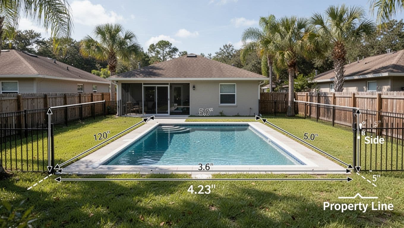 Diagram illustrating a proposed inground pool position in a typical Tampa residential backyard, with setback distances marked from rear property line, side lines, house, and fence using simple lines and arrows. Features sunny Florida suburban yard with grass and palm trees, clean technical illustration style under bright daylight.