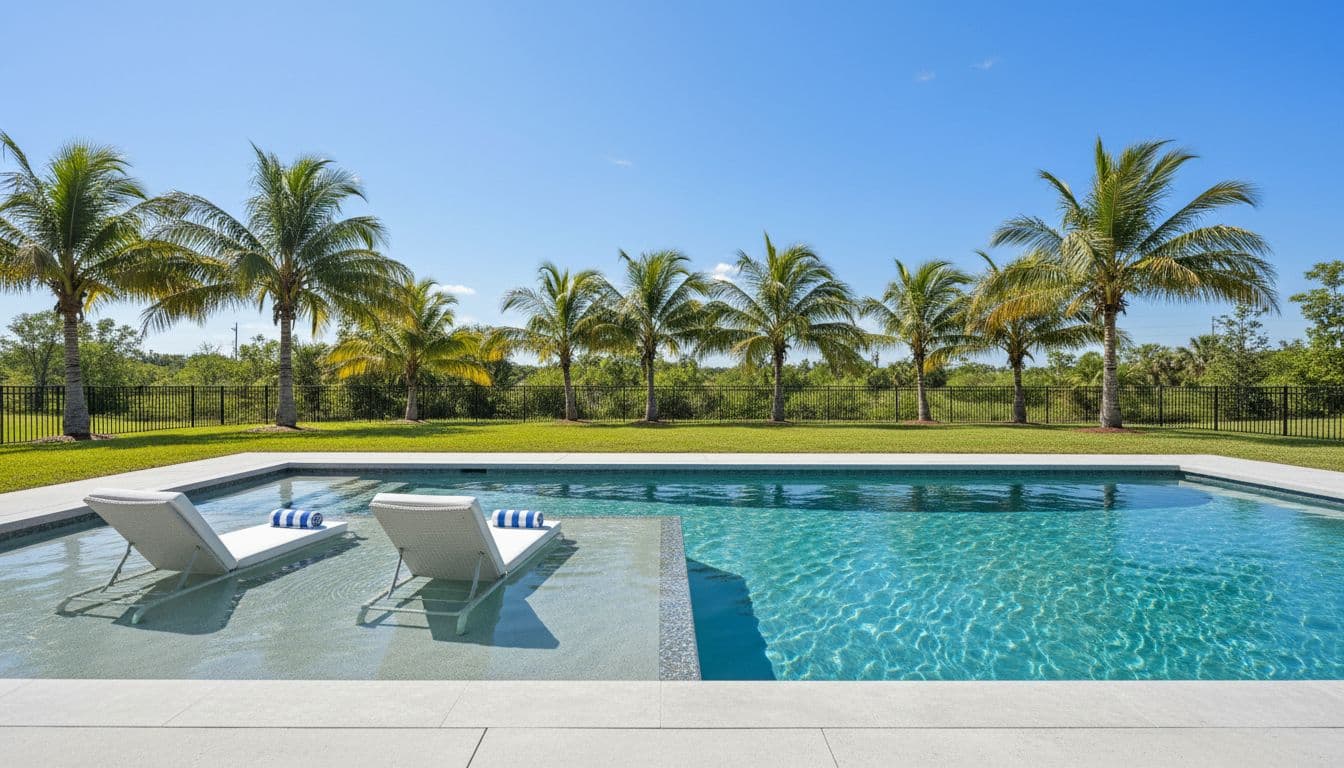 Shallow sun shelf in modern Tampa backyard pool with turquoise water, lounge chairs, towels, palms, and sunny sky.