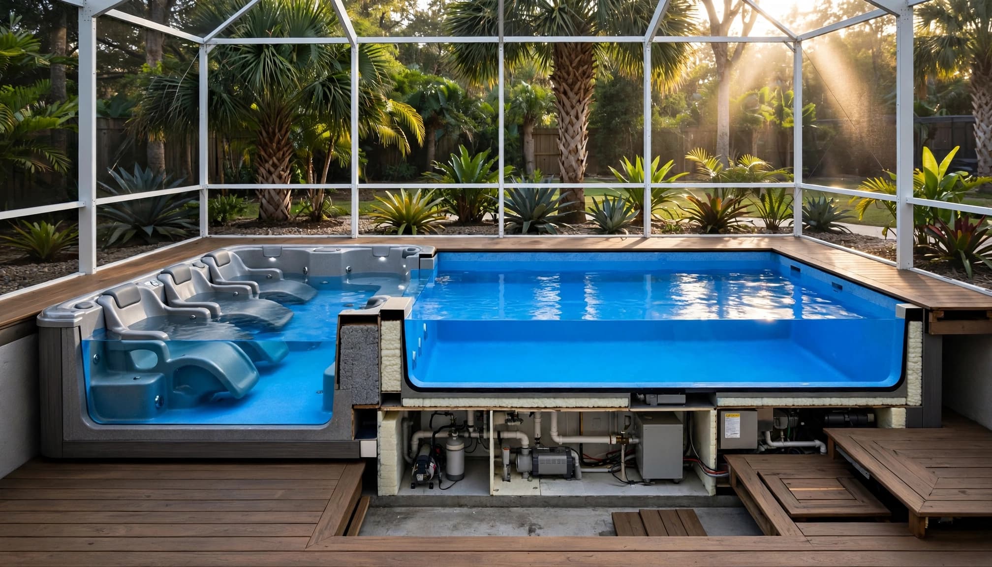 A backyard swim spa with an exercise lane, seating, patio, and tropical plants.