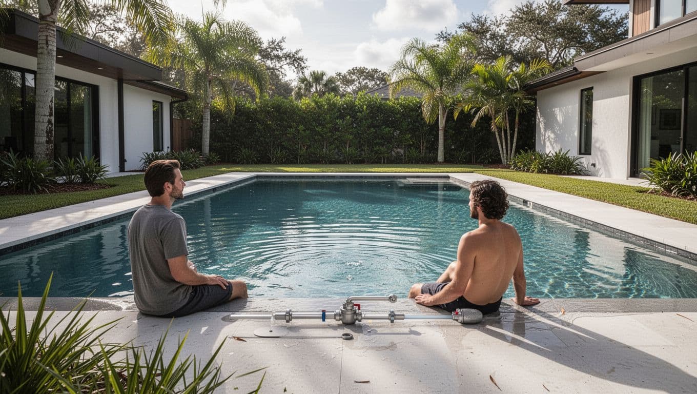 A Tampa backyard pool with an auto-fill valve and one person in the background.