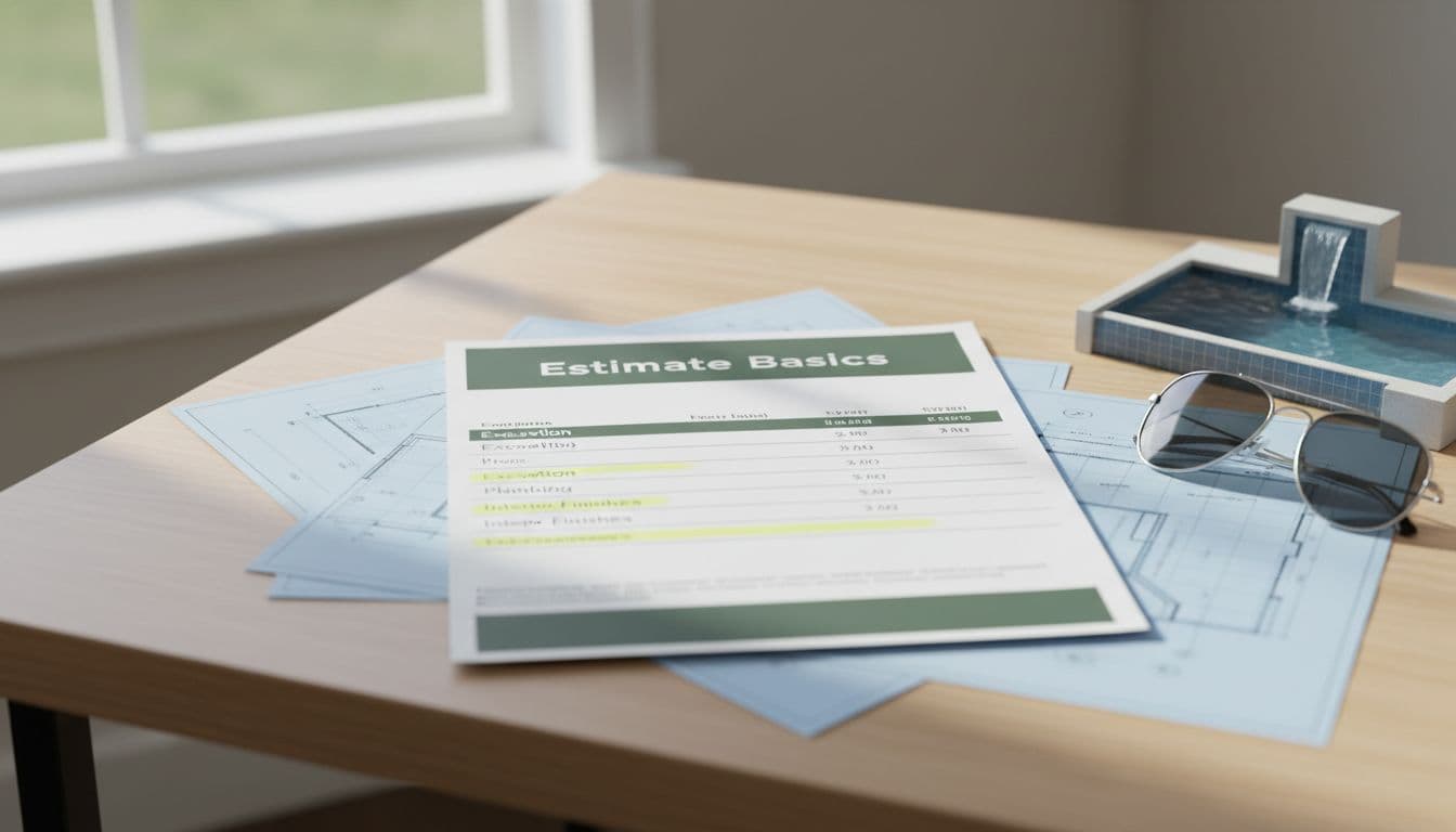 Printed pool builder estimate document on a light wooden table in a bright Tampa home office, surrounded by subtle pool blueprints, a small pool model, and sunglasses.
