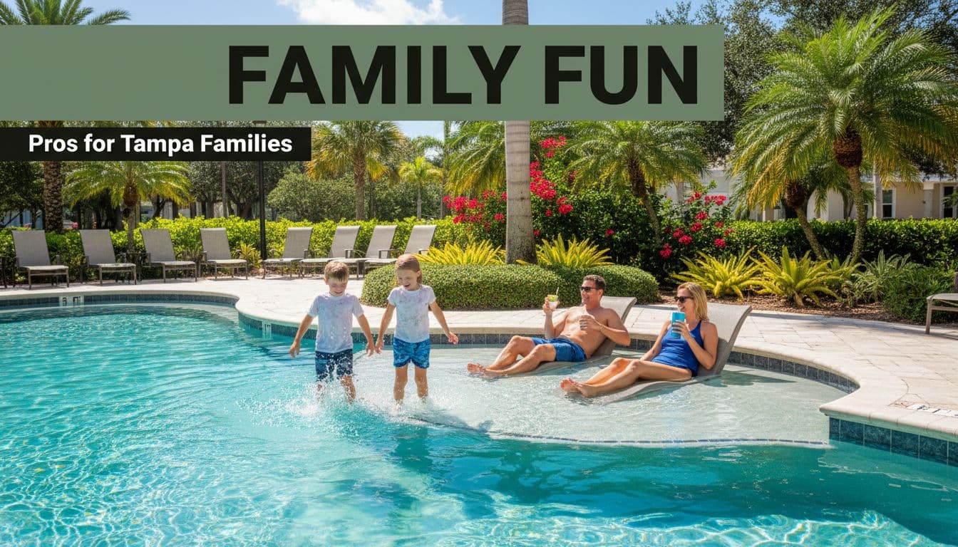 Family of four on Tampa pool sun shelf: adults lounge with drinks, kids splash shallow water amid lush tropical plants, 'Family Fun' headline on green band.