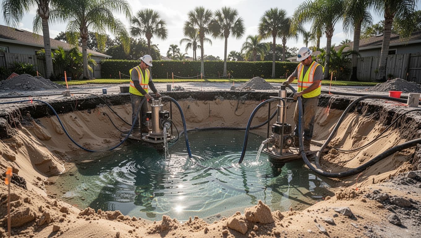Groundwater seeps into sandy excavation pit for backyard pool in Tampa; two workers install dewatering pumps.