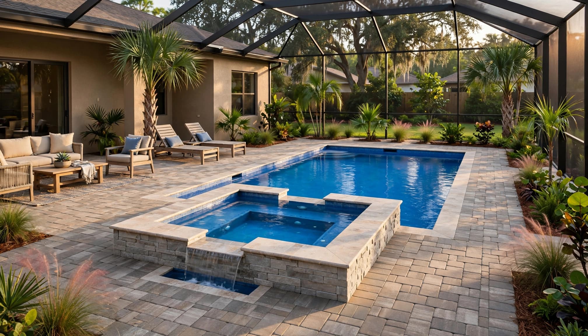 A backyard pool with an attached raised spa, palms, lanai, and surrounding deck.