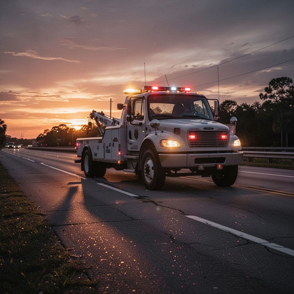 A tow truck sits on a roadside during a moody Florida sunset with emergency lights glowing.