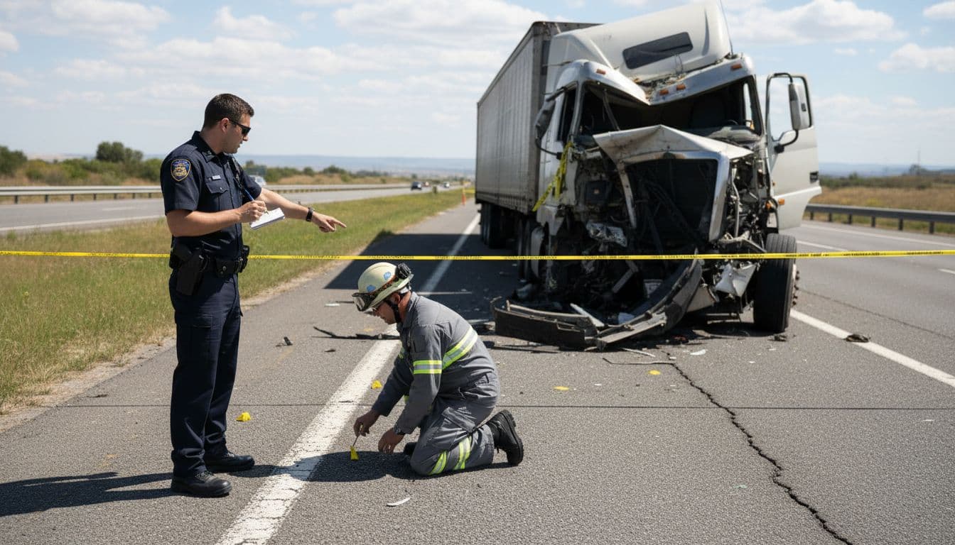 Scene of emergency responders collecting evidence at a truck accident site on highway shoulder with yellow tape, police officer noting details, and damaged semi-truck in background, daytime realistic wide shot.