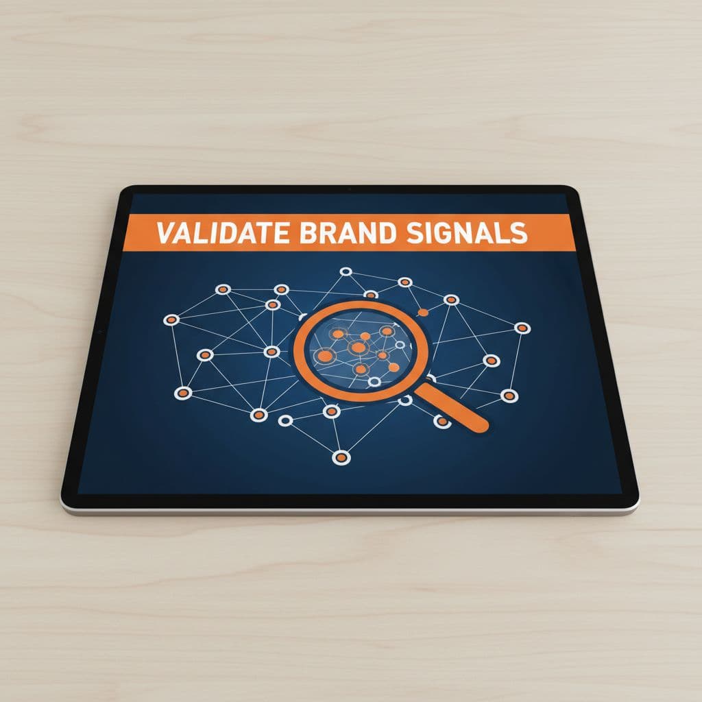 Clean office desk with tablet showing magnifying glass over network nodes and orange 'Validate Brand Signals' header.