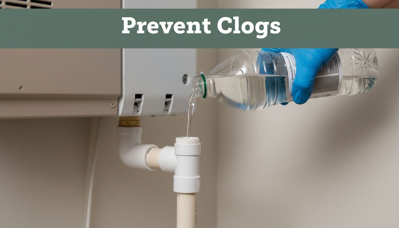 Close-up realistic photo of a gloved hand pouring white vinegar from a clear plastic bottle into the T-end access point of an indoor AC drain line on a wall-mounted air handler. Muted dark-green top banner with bold 'Prevent Clogs' text.