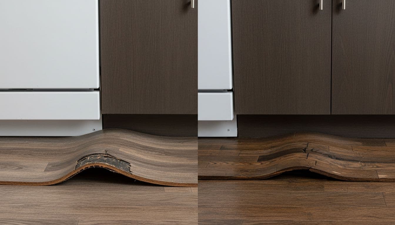 Close-up side-by-side comparison of warped laminate flooring edge and buckling hardwood near a dishwasher from water exposure, with kitchen cabinet background and detailed realistic textures.