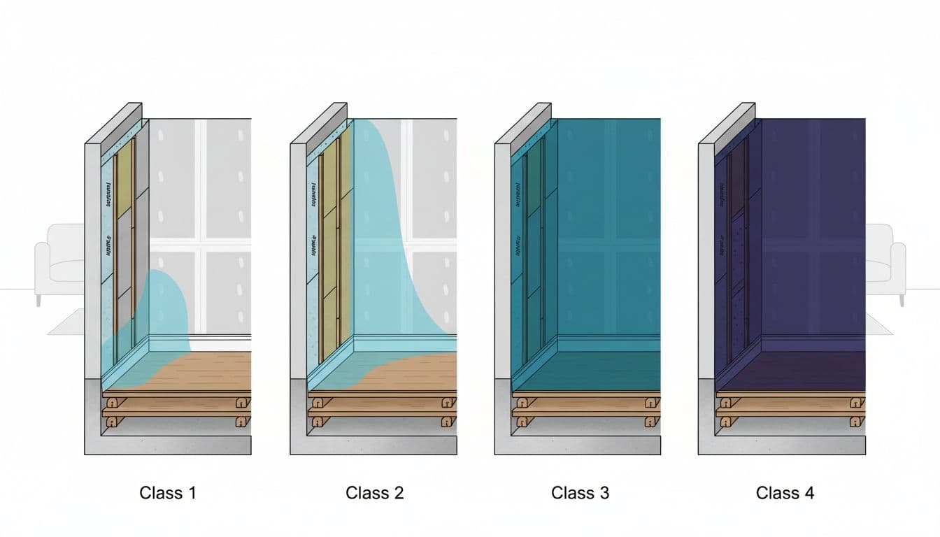 Technical diagram illustrating water damage classes 1 to 4 progression from minimal wetting to deep saturation in a home interior cross-section. Color-coded moisture levels in wall and floor layers of a residential living room with clean, simple style and subtle shading.