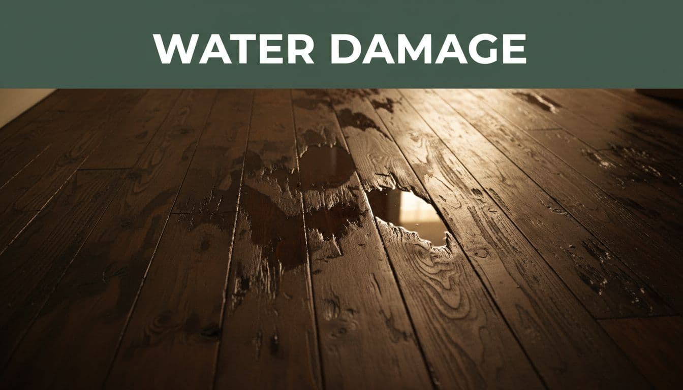 Saturated wooden floorboards in a Florida home after a leak, showing darkened and swollen wood with spreading water stains and shallow puddles under warm indoor lighting. Bold 'WATER DAMAGE' headline in a muted dark-green band at the top, realistic high-detail photography focused on one floor section.
