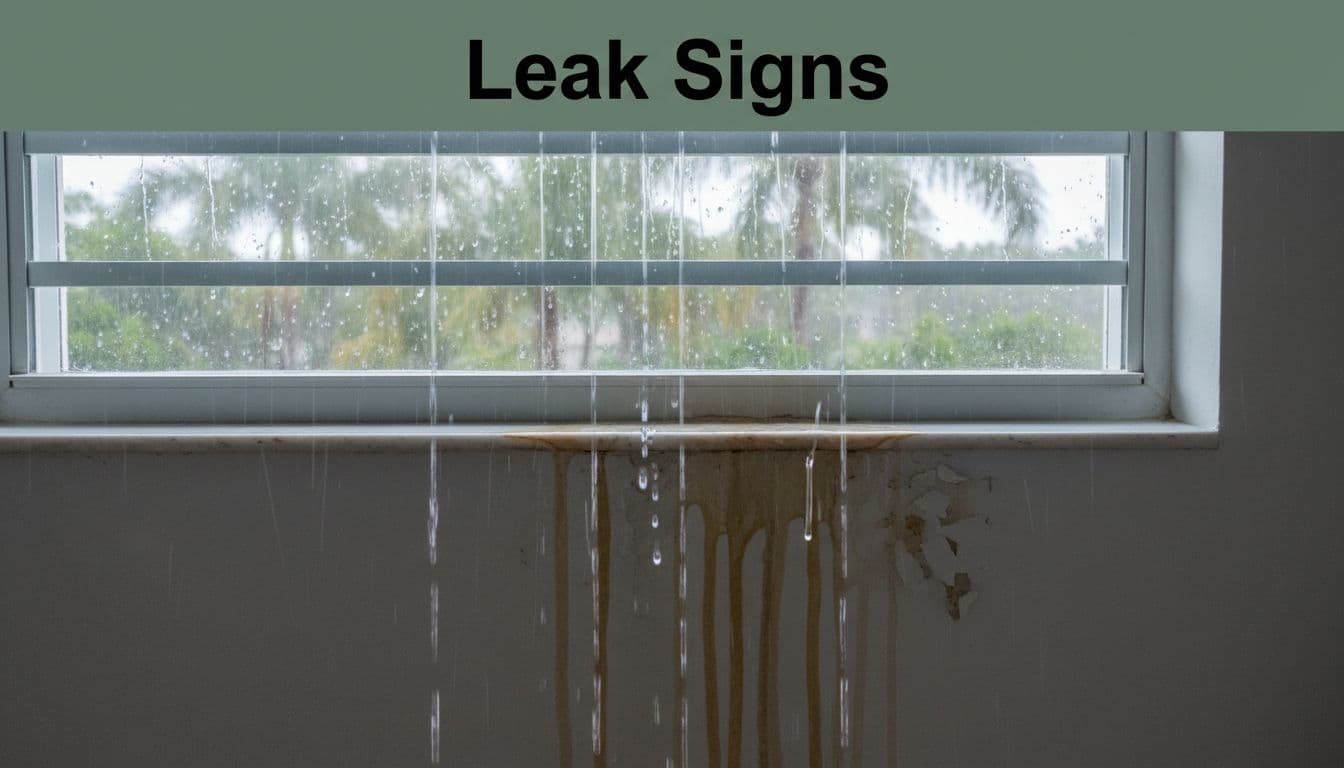 Close-up of water dripping from a Florida-style window sill inside a home during a heavy rain storm, revealing streaks and stains on the interior wall, with dim indoor lighting and a bold 'Leak Signs' headline in a muted dark-green band at the top.