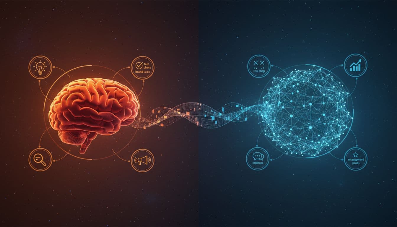 Split-image contrast of a glowing human brain with creative icons (story idea, fact check, brand voice) on the left and an AI neural network with automation icons (auto crop, captions, engagement peaks) on the right, connected by a digital bridge in futuristic sci-fi style with blue and orange tones.